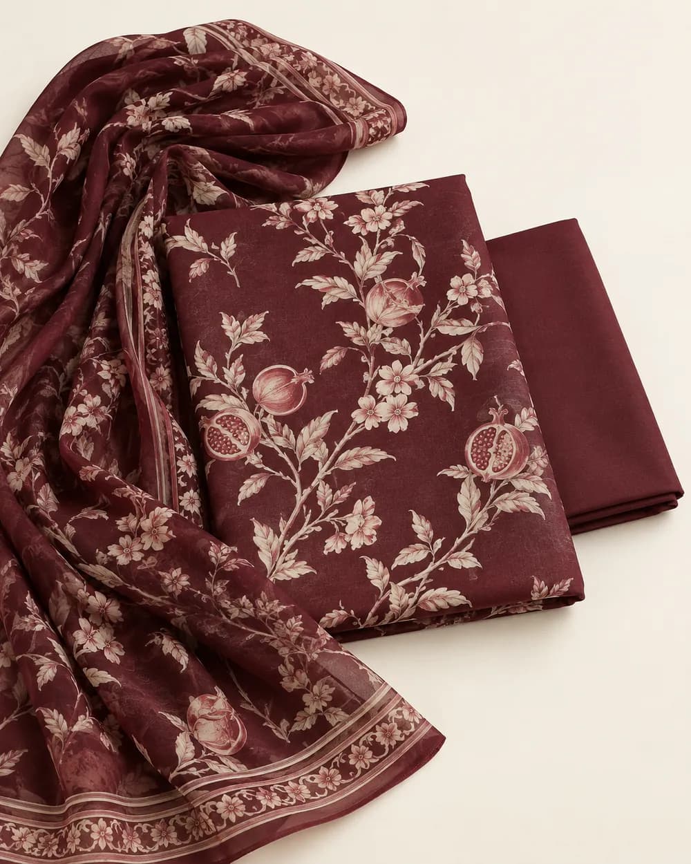 Gulnar printed 3-piece lawn suit in maroon