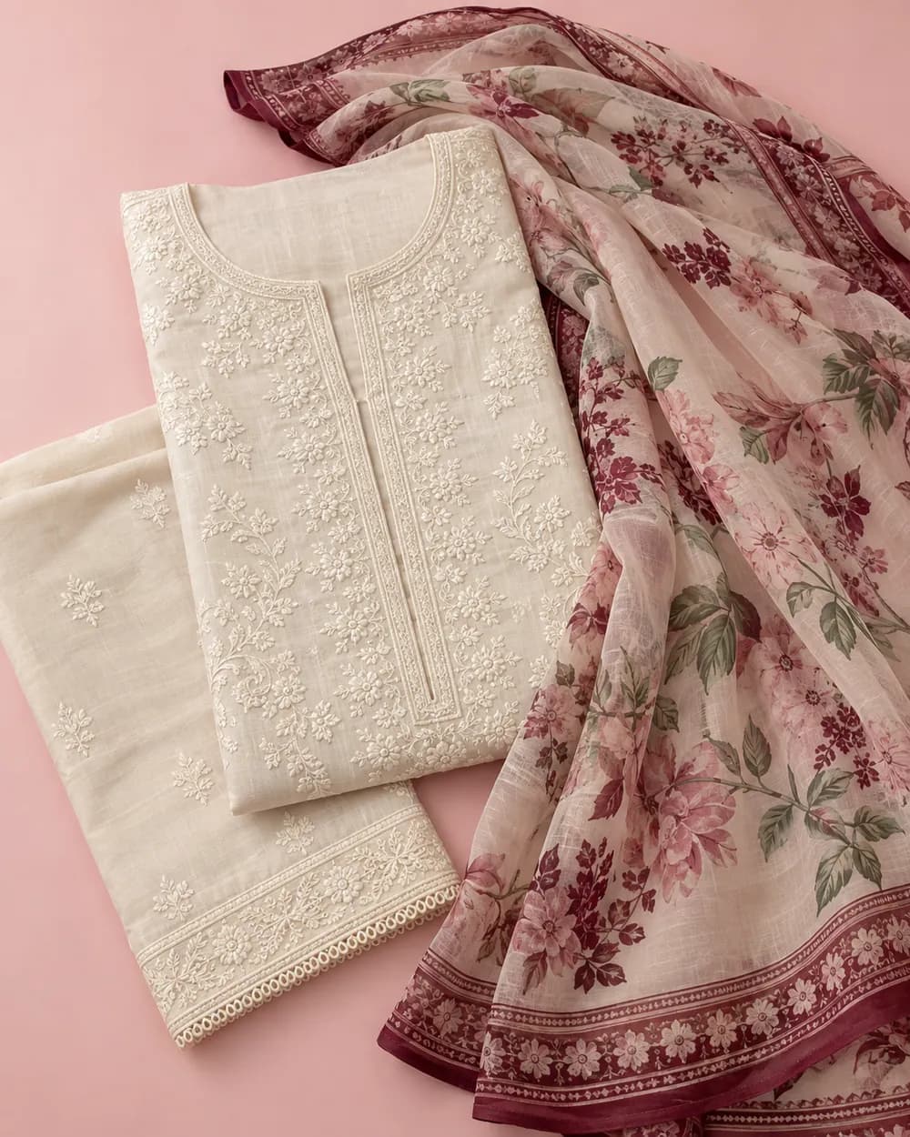 Noor embroidered lawn suit in ivory